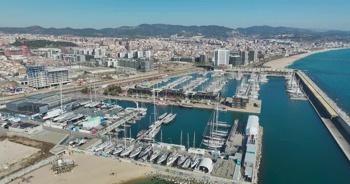 Badalona , Spain - February 22, 2023: The port of Marina de Badalona is a marina and fishing port located in the city of Badalona, province of Barcelona, Spain. Catalonia.