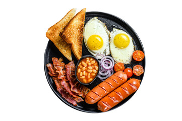 English breakfast with fried eggs, sausages, bacon, beans and toasts in a plate.  Isolated,...