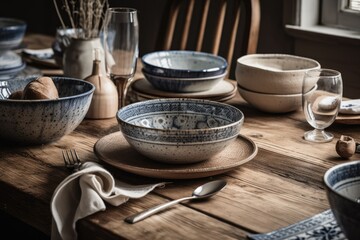 Fototapeta premium Wooden rustic dining table with white and blue tableware. Jute. Scandinavian bohemian decor. Plan, top,. Generative AI