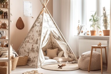 Boho styled comfortable cottage. Scandinavian style wigwam in room. child's room tent. Cozy kids room with play tent and toys. Generative AI