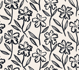 flowers hand drawn seamless pattern. ink brush texture.
