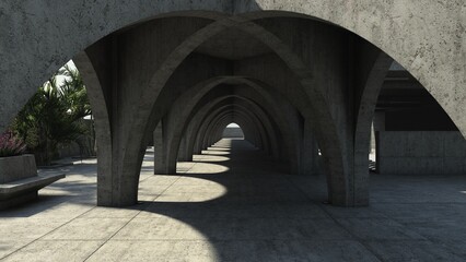 Photorealistic 3D illustration of brutalist architecture style. Cement arches. Minimalistic construction. Severity.