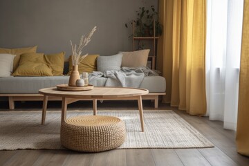 Japandi living room, close up. Rattan carpet, drapes, and fabric couch. Parquet floor, farmhouse decor,. Generative AI