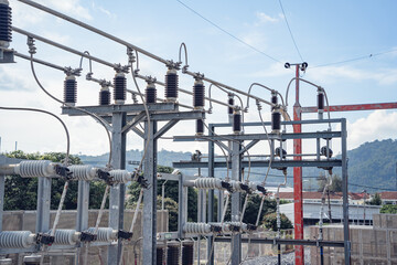 Naklejka premium High voltage electric power plant current distribution substation