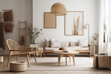 Scandinavian home design, light living room with neutral wooden furnishings,. Generative AI