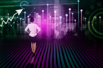 Rear view of businesswoman looking at data with metaverse background