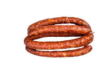 Hot Smoked sausages on a rustic table.  Isolated, transparent background.