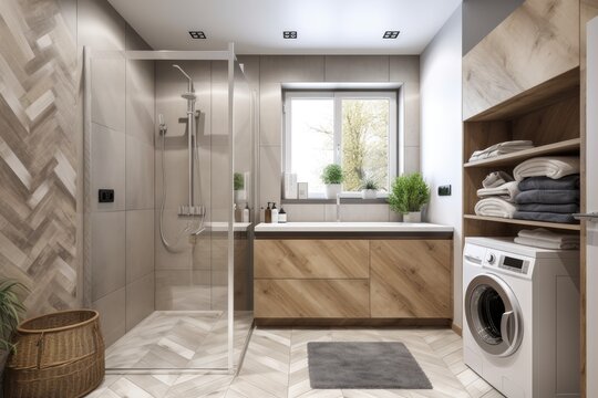 Modern bathroom with washing machine. Generative AI