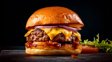 A juicy burger with beef cheese caramelized. - obrazy, fototapety, plakaty