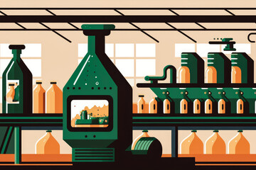 illustration of a bottling plant with bottles filled with beer moving on a conveyor belt, generative ai