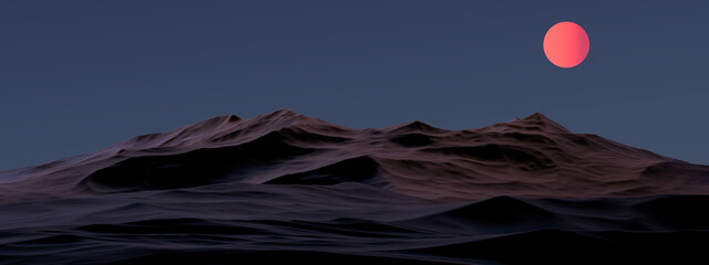 Landscape of mountains and a red-orange planet in the sky. Futuristic landscape. 3D render. © Binkontan