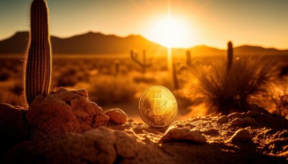 Bitcoin coin in the desert with sun rays in the background. Generative AI