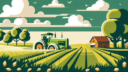 illustration of a farm with a tractor harvesting crops in a vast, green field under a clear blue sky, generative ai