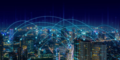 Obraz na płótnie Canvas Smart city and communication network in Asia city