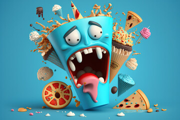 Levitation cartoon smiling, crazy unhealthy and junk food splash, Assortment take out and fast foods selection characters on blue background, AI Generative.