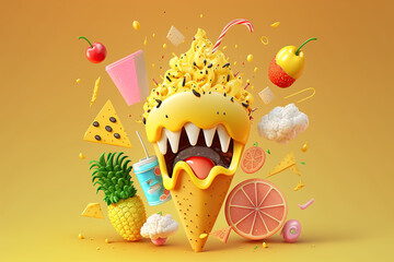 Levitation cartoon smiling, crazy unhealthy and junk food splash, Assortment take out and fast foods selection characters on yellow background, AI Generative. - obrazy, fototapety, plakaty