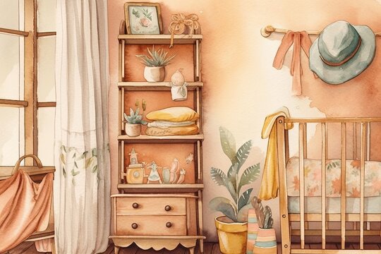 Watercolor vintage nursery. Hand painted nursery décor featuring baby frock, hat, house plant, and cushions on shelf. Artwork for greeting card, print, baby shower invitation, social media