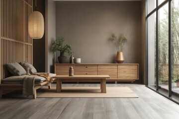 Japanese living room, architect interior designer idea. Wooden dresser with wall mockup. Generative AI