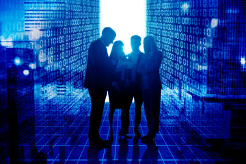 Back lit businesspeople working together on abstract metaverse