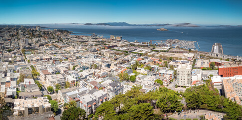 San Francisco view from top of the historical Coit Tower across the panoramic city shape