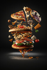 Levitation unhealthy and junk food splash, Assortment of take out and fast foods on black background, carbohydrates food, high-fat, high-calorie, guilty pleasure, AI Generative.