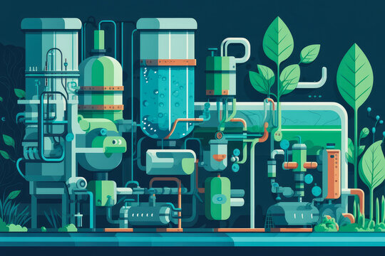 Modern Water Treatment Facility In Green And Blue Colors, Generative Ai