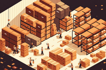 Organized Warehouse with Pallets of Goods and Efficient Workers, generative ai