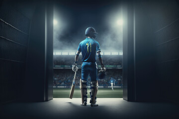 Cricketer walking into the stadium. Generative AI.