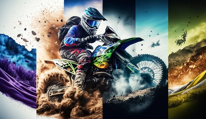 Multi sport collage athletics xtream, motocross, mountain bike, offroad car, hiking, trail run, race, neons light, High detail, hyper realistic, 8k. Created with Generative AI technology.