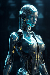 Beautiful girl robot humanoid. The concept of artificial intelligence, technological progress. Cyborg woman. Female android. Copy space. Scientific progress. ai generated