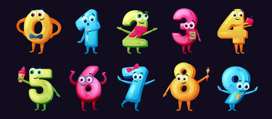 Obraz premium Numbers with smile faces. Cartoon characters. Cute math icons. Numeral symbols. Mathematics font. Arithmetic mascots with hands and legs. Emotions and gestures. Vector school recent set