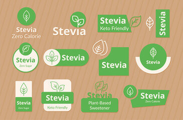 Stevia leaf keto friendly zero sugar healthy food cooking ingredient line icon label set vector - obrazy, fototapety, plakaty