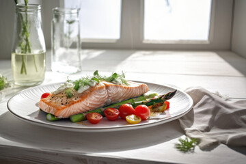 Salmon fillet with green asparagus, cherry tomatoes, dill and lemon on white plate near window