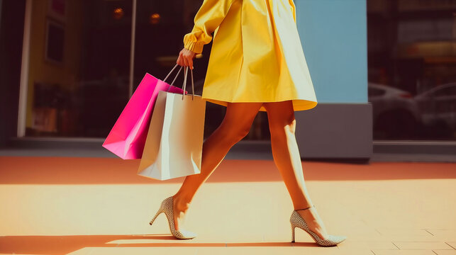 woman with legs holding shopping bags.