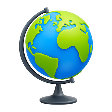 Fototapeta Cartoon world globe with stand 3d icon on transparent background. Globe of planet Earth for concept of kids learning or world traveling. PNG file
