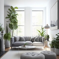 Loft Bright and clean living room with tall plants and gray cou. Generative AI.