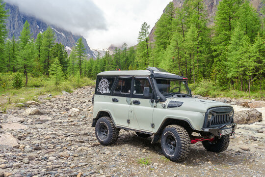 Aktru, Russia -circa june 2022: UAZ Hunter in the countryside