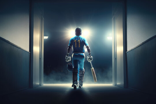 Cricketer enters the stadium in a blue jersey. Generative AI.