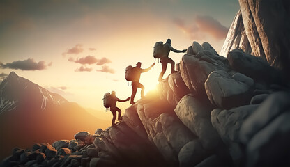 Hiking team people helping each other friend giving a helping hand while climbing up on the mountain rock adventure travel concept of sunset friendship support trust teamwork success. Created with AI