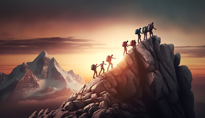 Hiking team people helping each other friend giving a helping hand while climbing up on the mountain rock adventure travel concept of sunset friendship support trust teamwork success. Created with AI