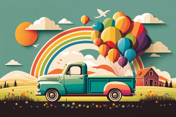 vintage pickup truck hauling a load of colorful balloons through a rural landscape dotted with quaint farmhouses and windmills, generative ai