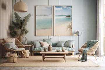 Coastal style room. Cozy house interior mockup wall. Hamptons illustration. Generative AI