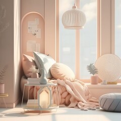  Loft Cozy light home interior mock-up in pastel colors 3d. Generative AI.