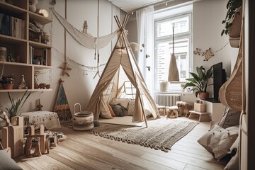 Scandinavian kids' room. Wood and macrame décor. Tent, hinged shelf, shelving. Generative AI