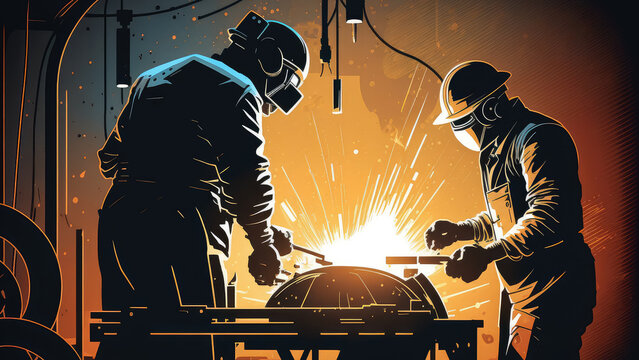 Welding Workshop with Skilled Workers Creating Metal Fabrications, generative ai