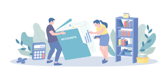 Accounting Audit Financial Management. Accounting consultancy. Professional bookkeeper, money consultant advisor works with documents. Vector illustration with character situation for web.