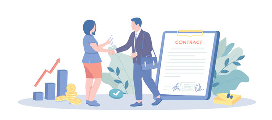 Business Success Partnership. Contract conclusion, deal settlement, agreement, document signing. Vector illustration with character situation for web.