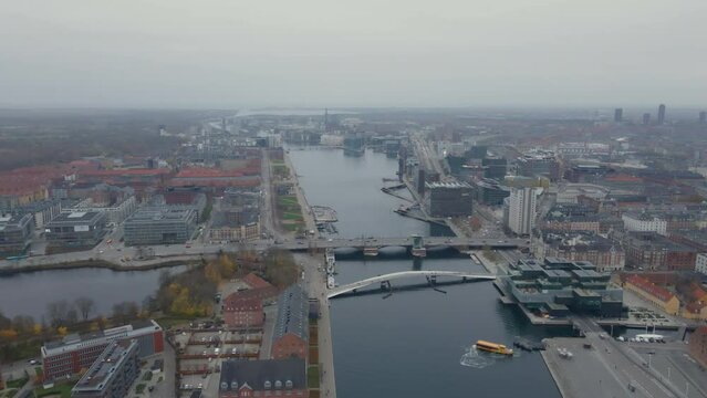 High aerial of the city center and Christianshavn in Copenhagen