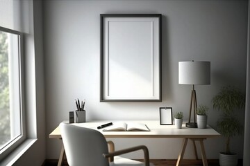 mock up poster frame in modern and simple working space interior background