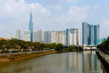 Obraz premium A panoramic view of Vinhome Central Park complex on the Saigon river
